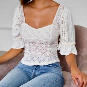 Free People Bustier Ivory Lace Top Sweetheart Lace Top Corset Puff Sleeve